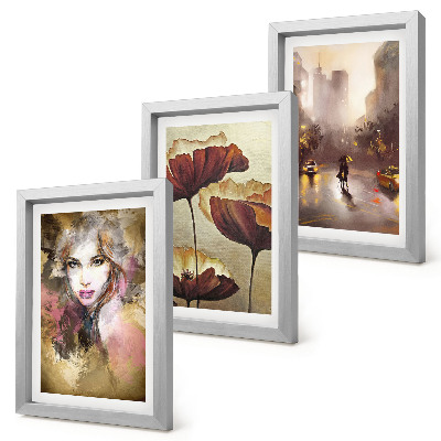 Framed triptych Abstract portrait of a woman, flowers, city in the rain