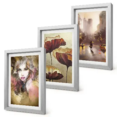Abstract portrait of a woman with flowers and a city in the rain framed triptych