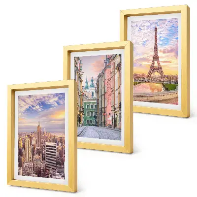 Photo frame wall View of the cities of New York, Paris and Warsaw at dusk