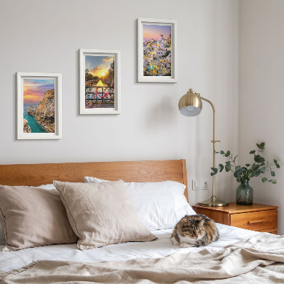 Framed triptych Seaside views with sunset and city