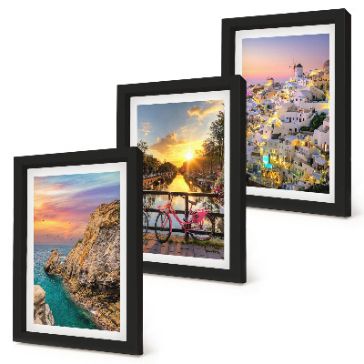 Framed triptych Seaside views with sunset and city