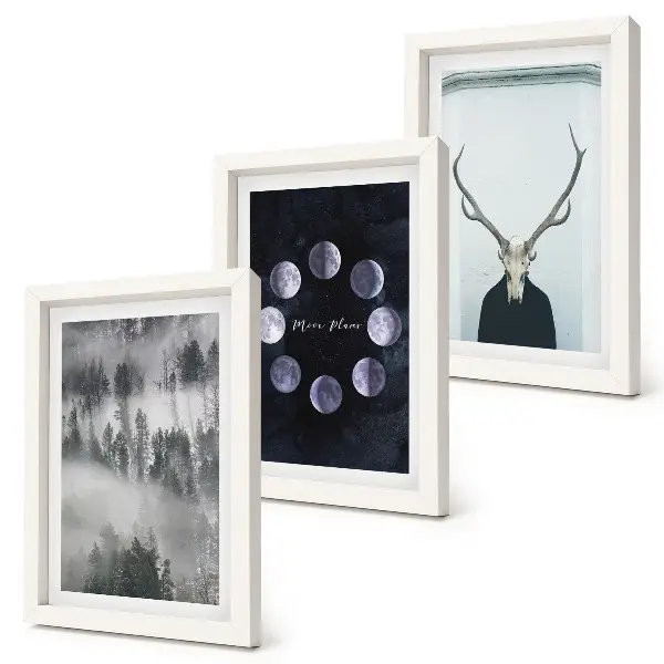 3-piece wall art set forest landscape featuring fog, moon phases, and a deer skull