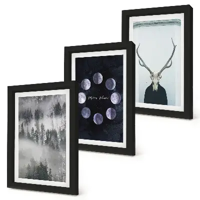 3-piece wall art set forest landscape featuring fog, moon phases, and a deer skull