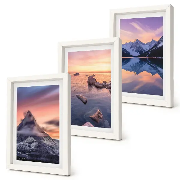 Landscapes of mountains, lakes and sunsets framed triptych