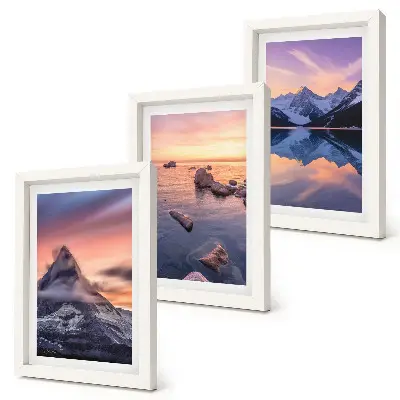 Landscapes of mountains, lakes and sunsets framed triptych