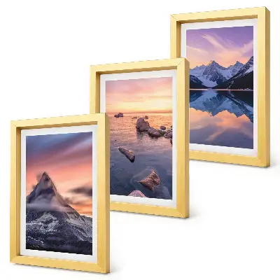 Landscapes of mountains, lakes and sunsets framed triptych