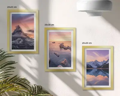 Landscapes of mountains, lakes and sunsets framed triptych