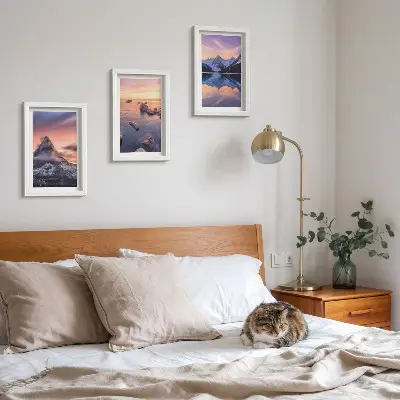 Landscapes of mountains, lakes and sunsets framed triptych