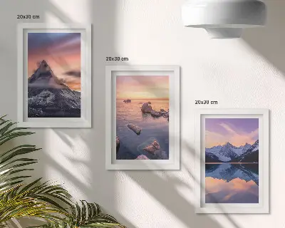 Landscapes of mountains, lakes and sunsets framed triptych