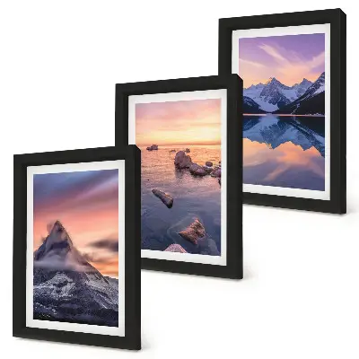 Landscapes of mountains, lakes and sunsets framed triptych