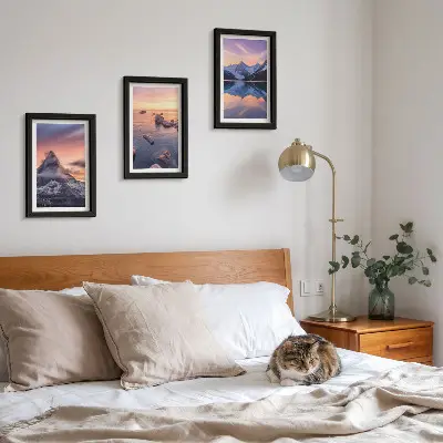 Landscapes of mountains, lakes and sunsets framed triptych