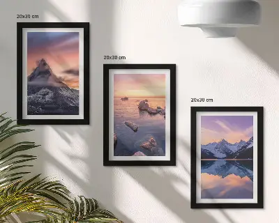 Landscapes of mountains, lakes and sunsets framed triptych
