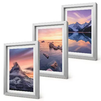 Landscapes of mountains, lakes and sunsets framed triptych