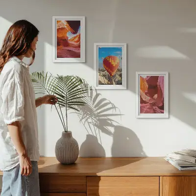Framed triptych landscapes of desert gorges and a hot air balloon flight