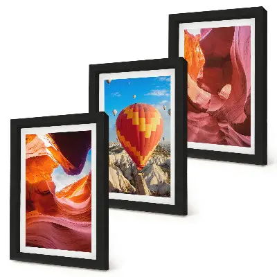 Framed triptych landscapes of desert gorges and a hot air balloon flight