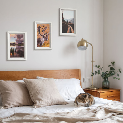 3-piece wall art set Mountain landscapes with reindeer and a road in nature