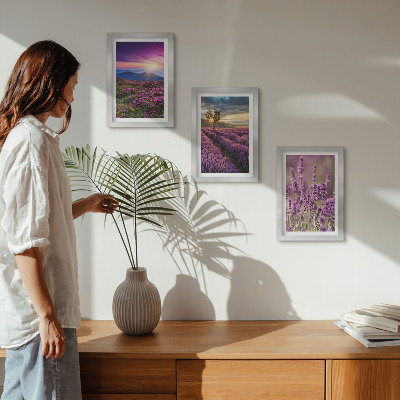 Framed triptych Landscape with lavender fields and sunset