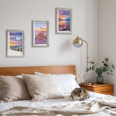 3-piece wall art set Winter mountain landscape with a pier on the lake
