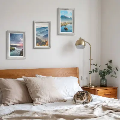 Photo frame wall featuring picturesque mountain landscapes and waterfalls in nature