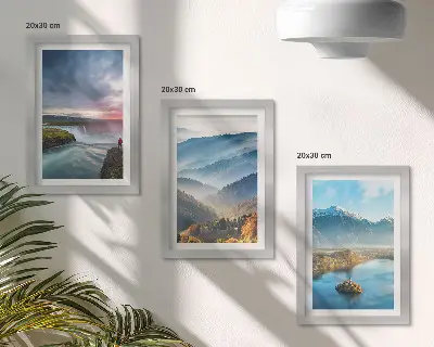 Photo frame wall featuring picturesque mountain landscapes and waterfalls in nature