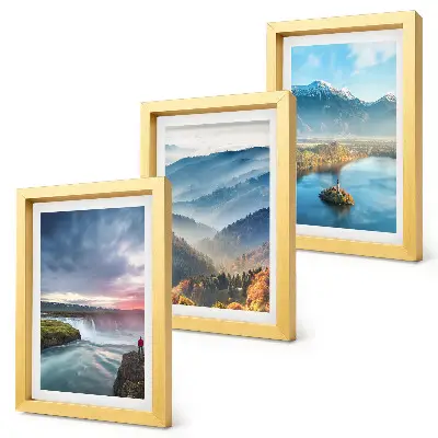 Photo frame wall featuring picturesque mountain landscapes and waterfalls in nature