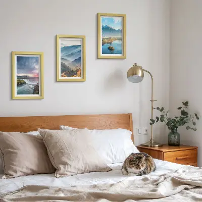 Photo frame wall featuring picturesque mountain landscapes and waterfalls in nature