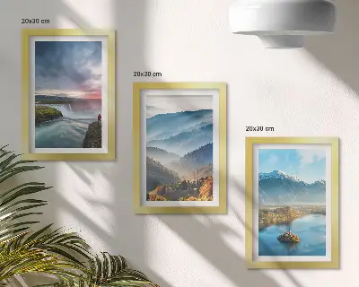 Photo frame wall featuring picturesque mountain landscapes and waterfalls in nature