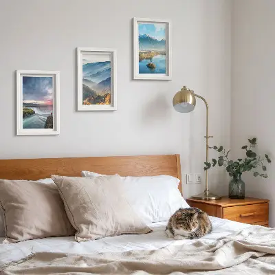 Photo frame wall featuring picturesque mountain landscapes and waterfalls in nature