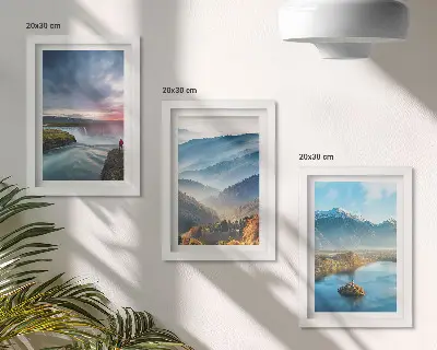 Photo frame wall featuring picturesque mountain landscapes and waterfalls in nature