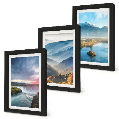 Photo frame wall featuring picturesque mountain landscapes and waterfalls in nature