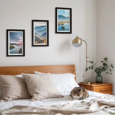 Photo frame wall featuring picturesque mountain landscapes and waterfalls in nature