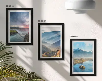 Photo frame wall featuring picturesque mountain landscapes and waterfalls in nature