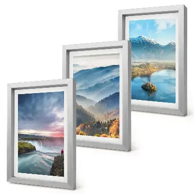 Photo frame wall featuring picturesque mountain landscapes and waterfalls in nature