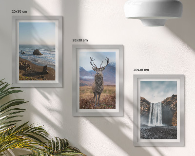 Framed triptych Mountain landscapes with a waterfall, a deer, and a beach
