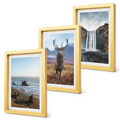 Framed triptych wall art mountain landscapes featuring a waterfall a deer and a beach