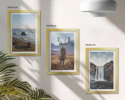 Framed triptych wall art mountain landscapes featuring a waterfall a deer and a beach