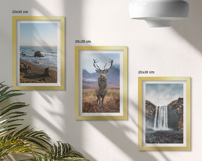 Framed triptych Mountain landscapes with a waterfall, a deer, and a beach