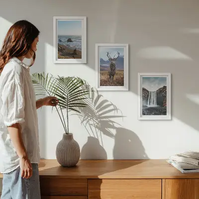 Framed triptych wall art mountain landscapes featuring a waterfall a deer and a beach