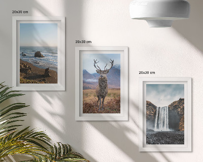 Framed triptych Mountain landscapes with a waterfall, a deer, and a beach