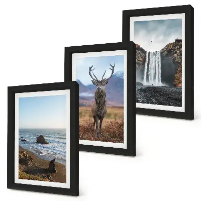 Framed triptych wall art mountain landscapes featuring a waterfall a deer and a beach