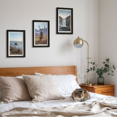 Framed triptych Mountain landscapes with a waterfall, a deer, and a beach