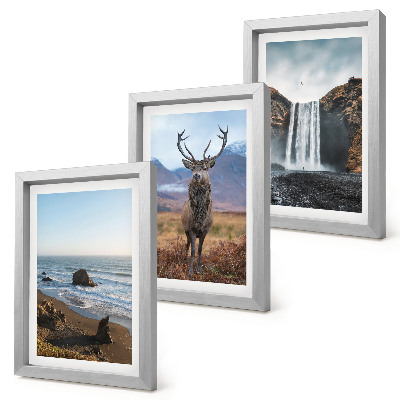 Framed triptych Mountain landscapes with a waterfall, a deer, and a beach