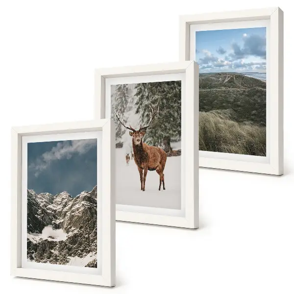 3-piece wall art set featuring snowy mountains and deer in a forest landscape