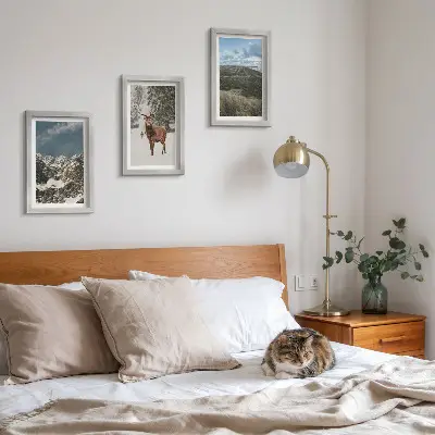 3-piece wall art set featuring snowy mountains and deer in a forest landscape