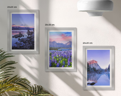 Framed triptych Mountain landscapes with water, sky and a field of flowers