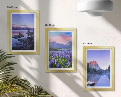 Framed triptych mountain landscapes featuring water, sky, and a field of flowers