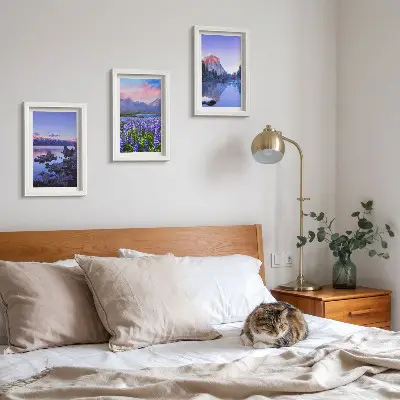 Framed triptych mountain landscapes featuring water, sky, and a field of flowers