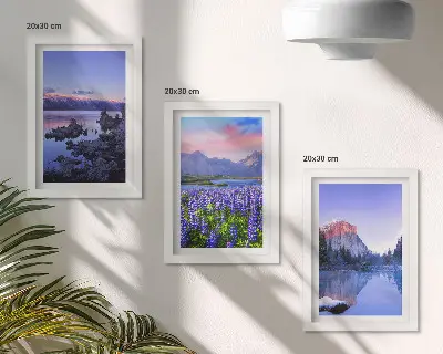 Framed triptych mountain landscapes featuring water, sky, and a field of flowers