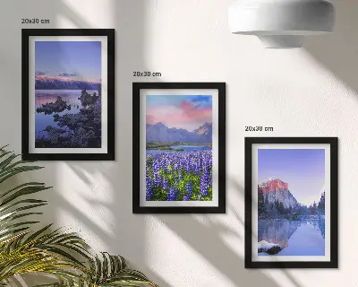 Framed triptych mountain landscapes featuring water, sky, and a field of flowers