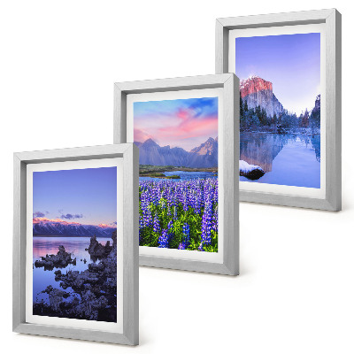 Framed triptych Mountain landscapes with water, sky and a field of flowers